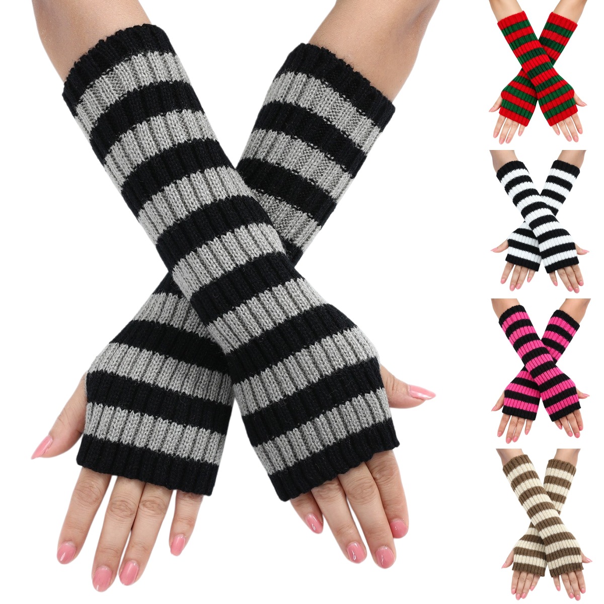 Fingerless Glove Knit - Y2K 스트라이프 무지개 팔토시 여성용 데일리